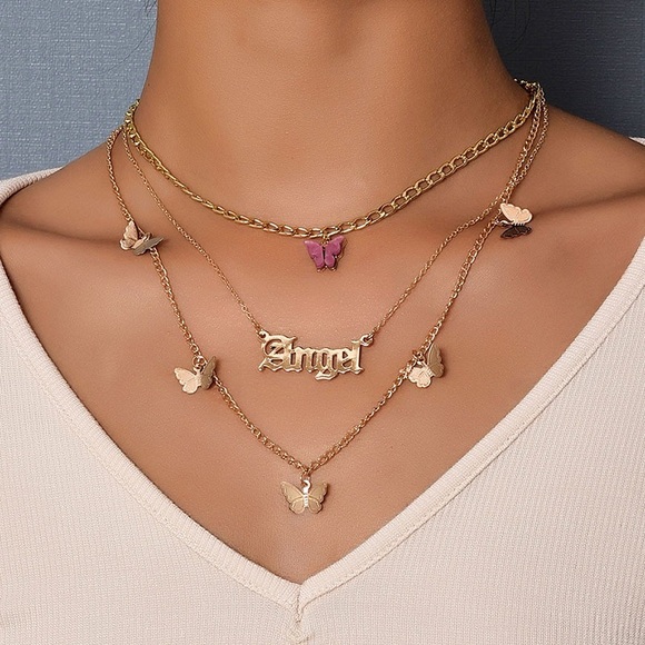 Jewelry - Gold Butterfly Layered Necklace with Pink Accent